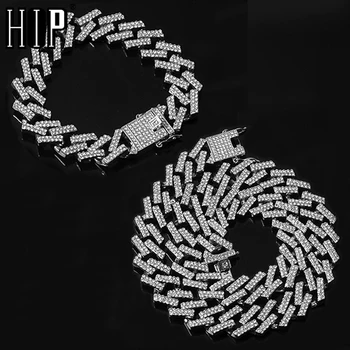 

Hip Hop 15MM Bling Iced Out Crystal Cuban Paved Rhinestone Miami Zircon Men's Necklaces Bracelet For Men Jewelry 8/16/18/20/24in