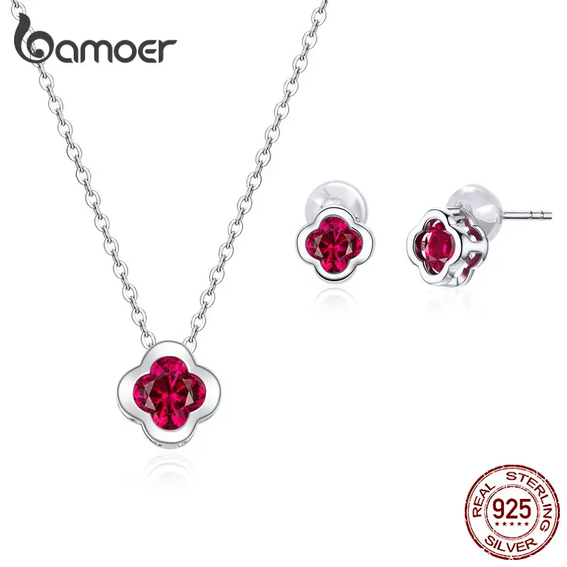 

bamoer 925 Sterling Silver Red Cubic Zirconia Clover Stud Earrings and Necklace Jewelry Sets for Women Wedding Jewelry ZHS179