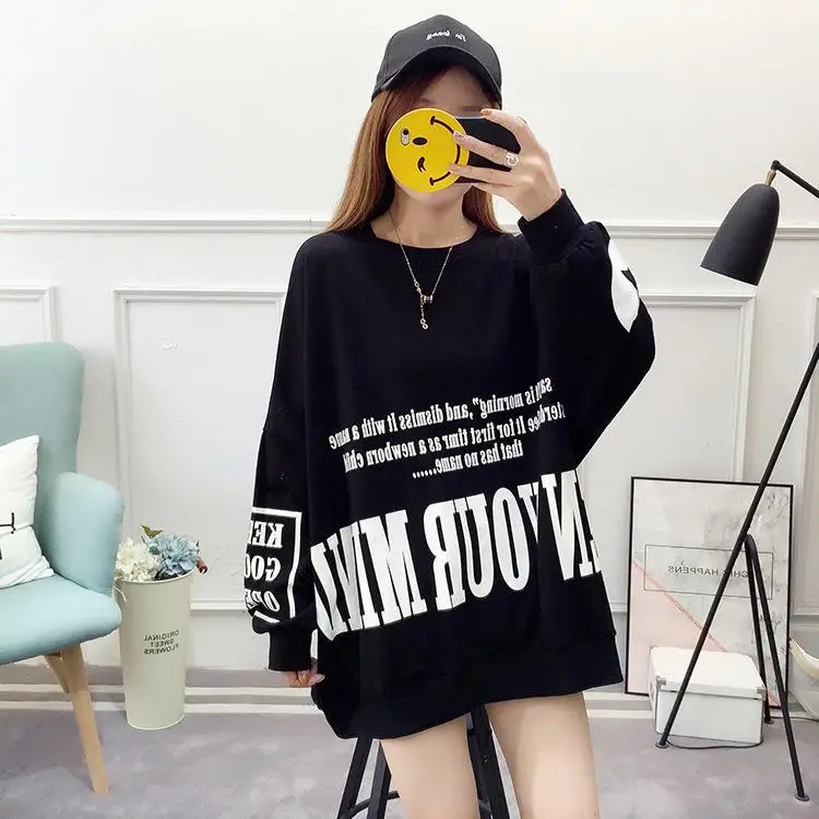 Осенняя толстовка с рукавами «летучая мышь» Harajuku, большие размеры, Длинные студенческие Свободные толстовки в стиле хип-хоп, женские красные/черные/белые - Цвет: Черный