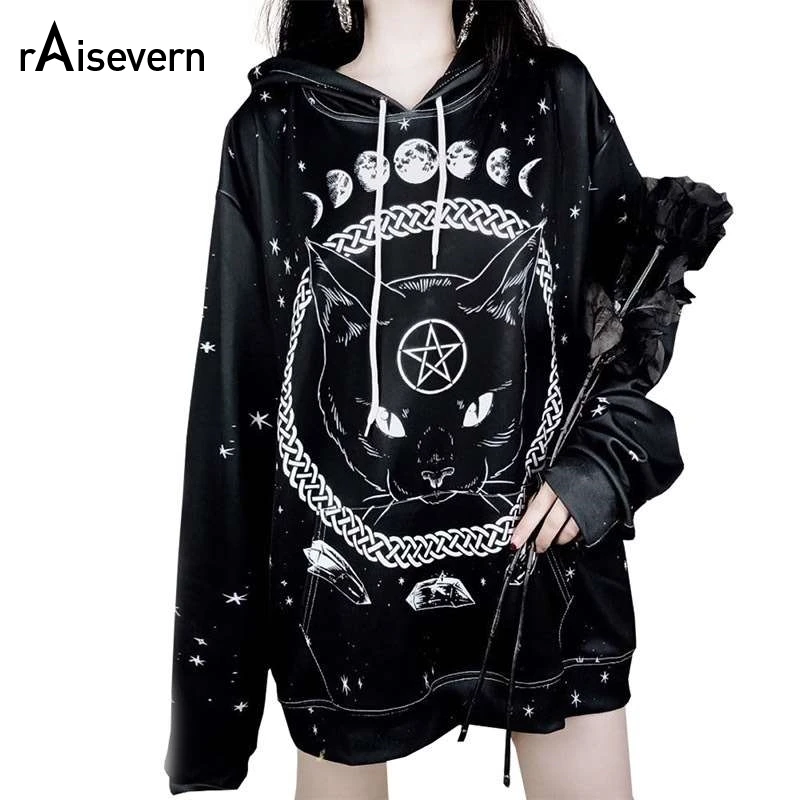  Raisevern Harajuku Punk Hoodie Pentagram Print Black Sweatshirts Gothic Streetwear Pullovers Long S