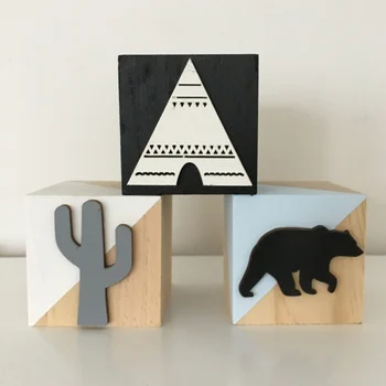 

Square Shaped Solid Wood Block Decorative Signs Wooden Cube Desktop Children's Room Decor Ornaments Photo Props Home Decoration