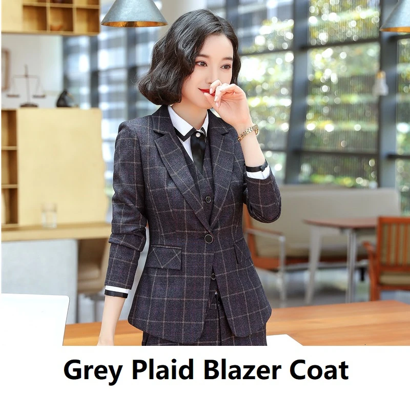 Grey Blazer Coat Высокое качество ткань весна осень для женщин Формальные Деловые костюмы OL стили Профессиональный брючный костюм дамы Офис Рабочая одежда блейзеры - Цвет: Grey Blazer Coat