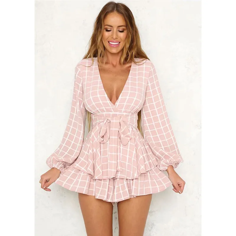White Ruffle Plaid Jumpsuits Rompers Spaghetti Strap Cross Back Bow Tie Waist Skorts Playsuit Girl Summer Beach Overalls