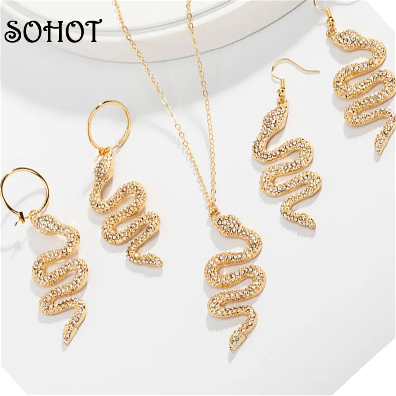 SOHOT Cute Animal India Alloy Snake Shape Pendant Women Jewelry Set Chic Gold Color Charming Birthday Jewelry Bijoux Gift