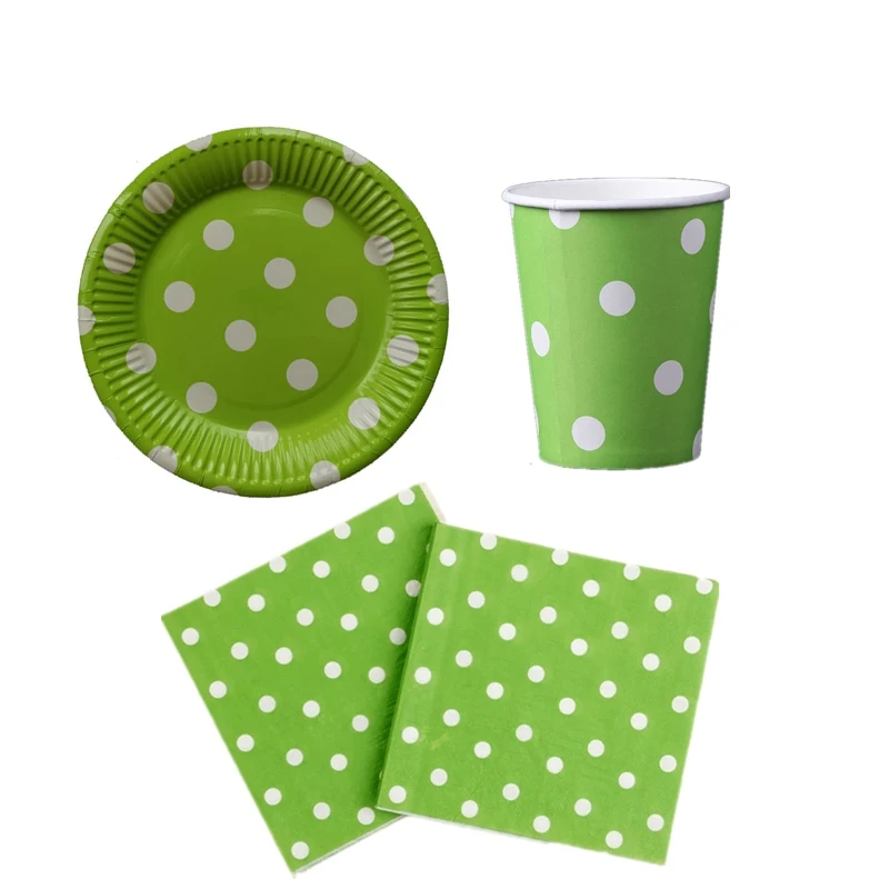 

60pcs/lot Baby Shower Green Dot Theme Happy Birthday Party Decoration Napkins Tableware Set Plates Cups Events Dishes Glass