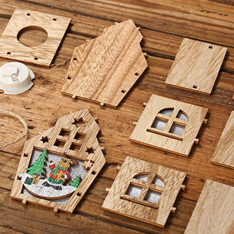 6Pcs DIY Wooden House Christmas Tree Decoration LED Light Hanging Ornaments Wooden House New Year Gift for Kids