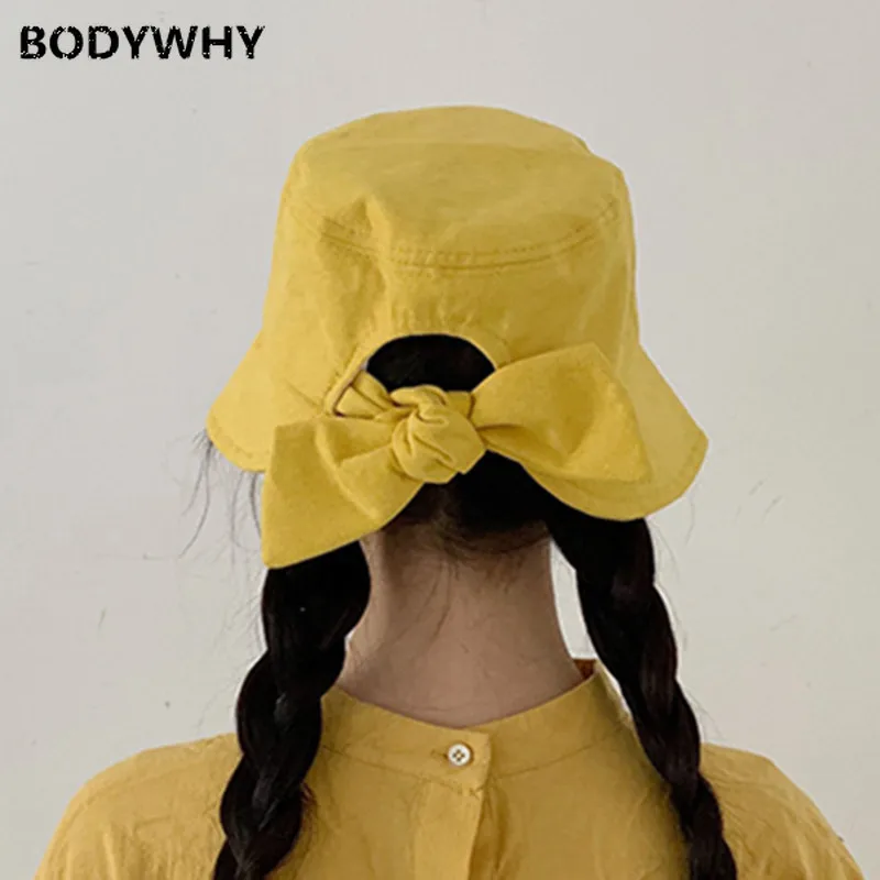 

2020 Hat Women's Summer Korean-style Cute Soft Girl Bucket Hat Versatile Slit Bow Bucket Hat Outdoor Japanese-style Topee