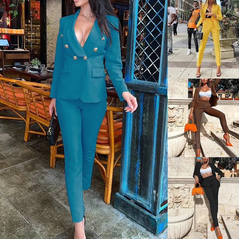 Pure color simple suit fashion long-Sleeved suit slim trousers two-Piece suit autumn and winter 2021 new casual women's clothing