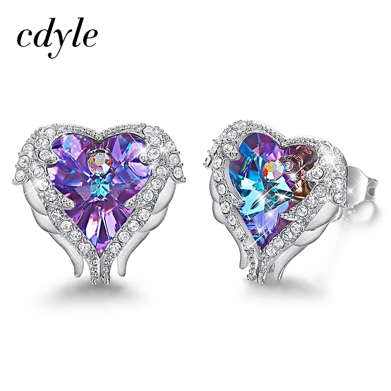 Cdestyle, медные серьги с крыльями ангела, сердце, Красный Кристалл от Swarovski, серьги-гвоздики для рождественского подарка, женские модные ювелирные изделия - Окраска металла: Purple E1752B
