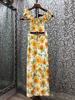

2020 Early Autumn New Bertha Lace-up Decorative Neckline Printed Short Top Long Skirt Set 719