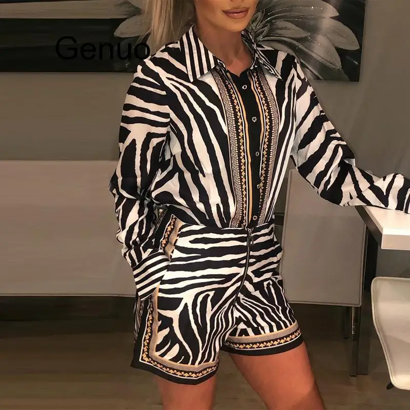 2020 Spring Zebra Print Shirt Zipper Full Casual Single Breasted Turn-down Collar Shirt Mini Shorts Two Piece Set