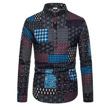

Linen Social Shirts Men Button design Stand collar Long sleeves Hawaiian Shirt for Men's clothes Casual Blouse
