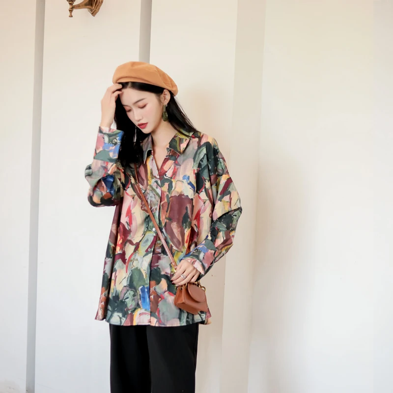 Ceny CHEERART Fall damskie topy i bluzki z długim rękawem koszula z guzikami impresjonizm drukuj bluzka 2019 koszule designerskie ubrania