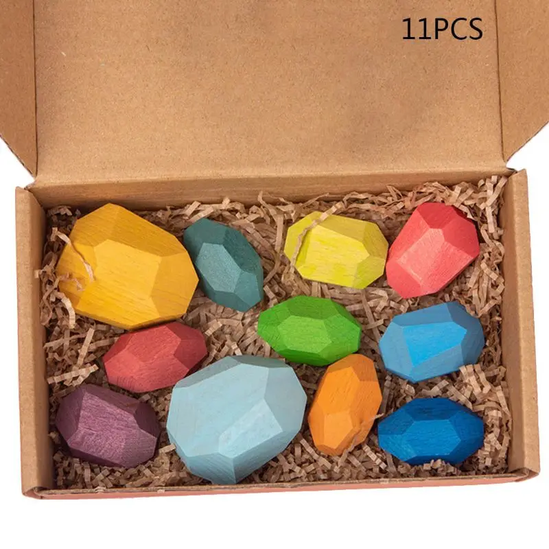 

11 Pcs Children Wooden Colored Stone Stacking Game Building Block Kids Creative Educational Puzzle Toys
