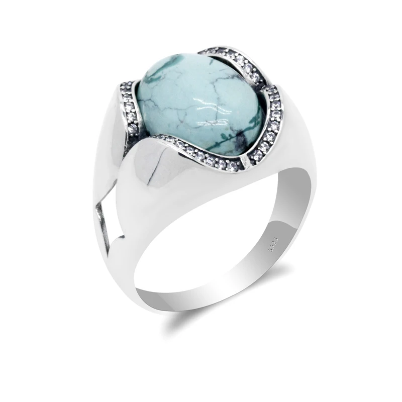 

Turkish Rings for Men 925 Sterling Silver Blue Natural Stone Mens Ring with Clear CZ Vintage Elegant Design Jewelry bague homme