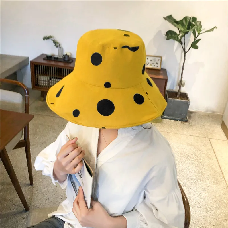 Sun Hat Women Summer Foldable Bucket Hat Harajuku Large Brim Dot Printed Beach Sun Hat Japanese Style Yellow Black Khaki Beige   (2)
