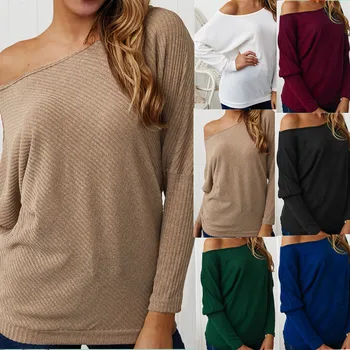 

2020 Spring Women Sexy Off Shoulder Solid Long Batwing Sleeve Knitwear Sweater Ladies Casual Loose Striped Shrug Tops Pullovers