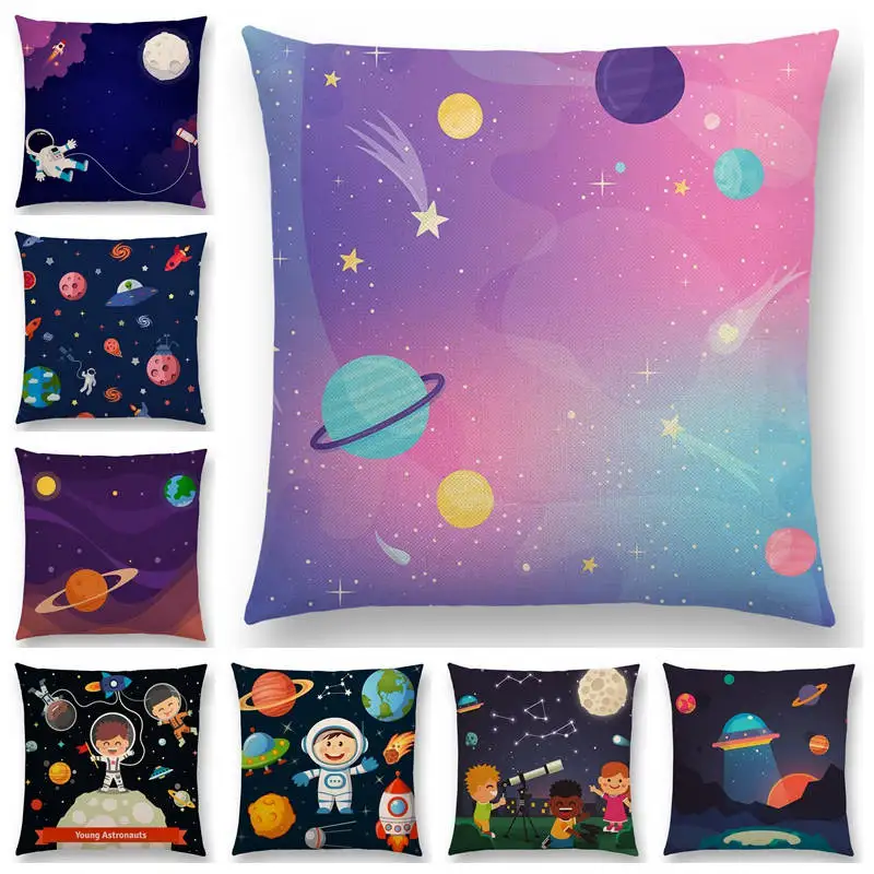 

Interesting Cartoon Space Universe Galaxy Spaceship Kids Spaceman Planet Rocket Alien Cushion Cover Decorative Pillow Case