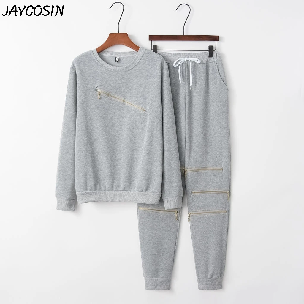 JAYCOSIN женский спортивный костюм, однотонный, длинный рукав, круглый вырез, на молнии, толстовка, топы, длинные штаны, комплект из 2 предметов, повседневный женский спортивный костюм