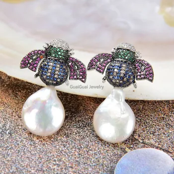 

GuaiGuai Jewelry Freshwater White Coin Pearl White Gold Plated Cz pave Insert Stud Earrings