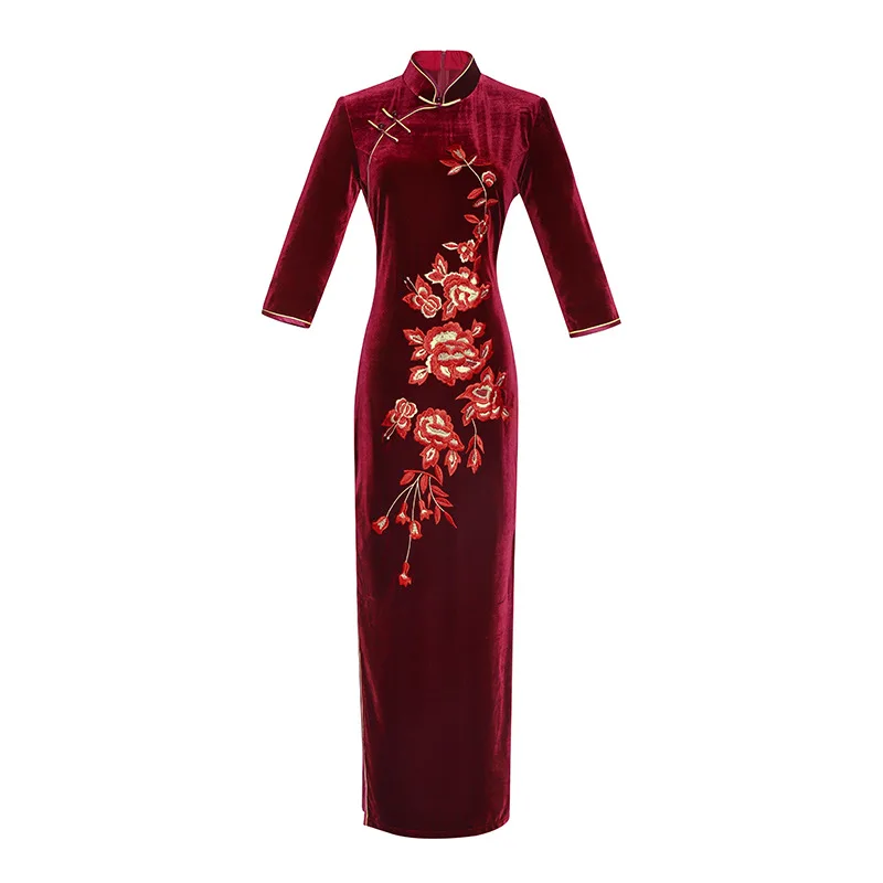 Бургундское женское велюровое длинное Cheongsam весеннее винтажное китайское стильное вышитое Цветочное платье Qipao сексуальные тонкие Вечерние платья на пуговицах Vestido - Цвет: Бургундия