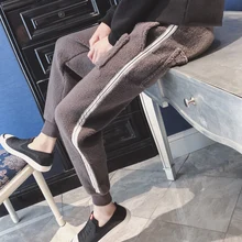 Зимние штаны с подкладкой, мужские теплые модные контрастные цветные повседневные брюки на шнурке, мужские уличные свободные штаны из овечьей шерсти, Мужские штаны для бега