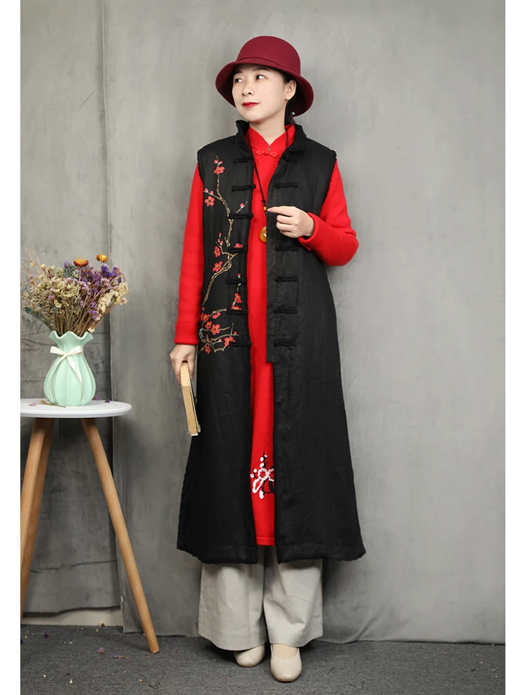 LZJN 2020 Spring Vest Women Waistcoat Warm Fleece Traditional Chinese Cardigan Long  Vest Ladies Sleeveless Veste Femme (3)
