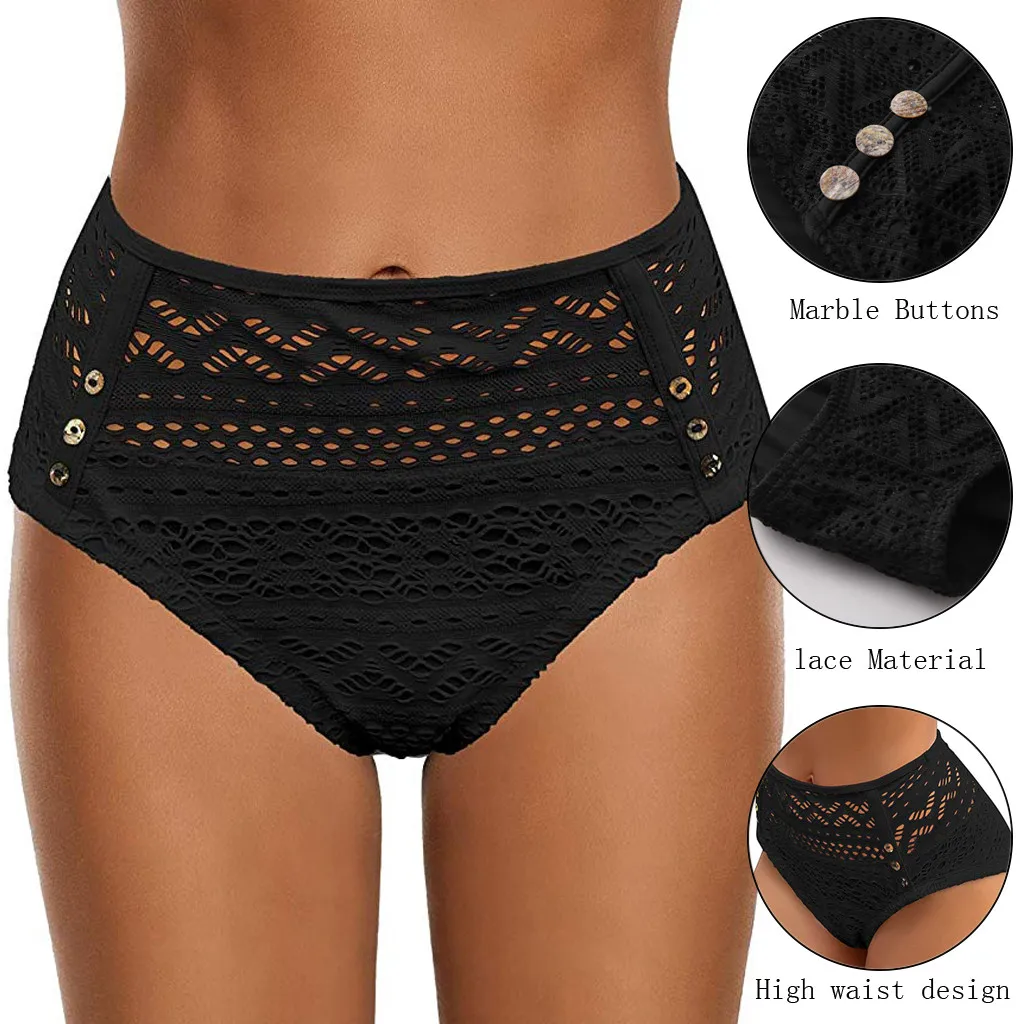 Summer Bikini 2020 Swimwear Women High Waist Ruched Bikinis Bottoms Tummy Control Swimsuit Solid Black Lace Briefs Pants | Спорт и
