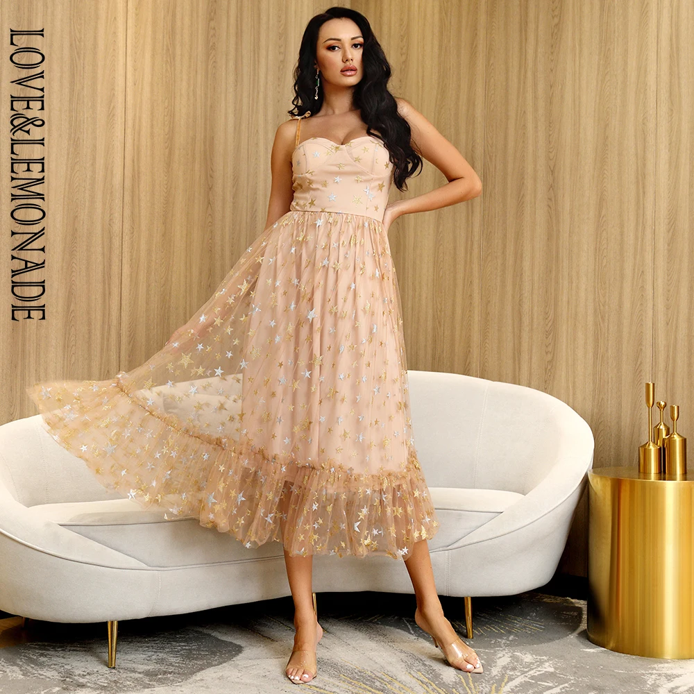 LOVE&LEMONADE Sexy Tube Top Tie Rope Gold Star Mesh Print A Line Fluffy Mid Length Maxi Dress LM82659|Dresses| - AliExpress