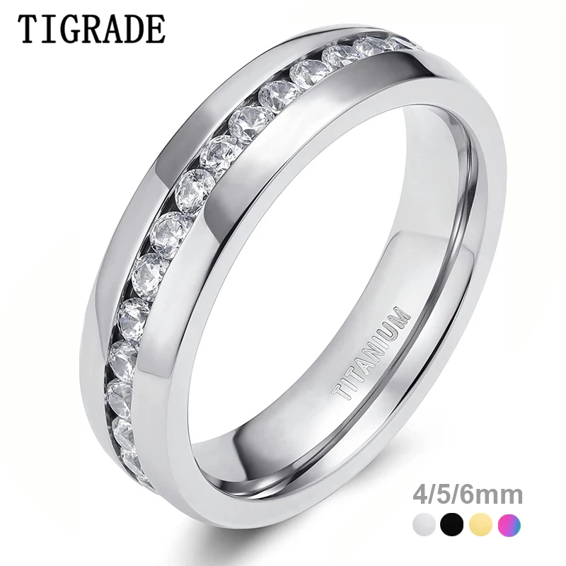 

TIGRADE 4/5/6mm Titanium Ring Cubic Zirconia Engagement Ring Men Women Wedding Band Size 3 to 13.5 Silver/Black/multi Color