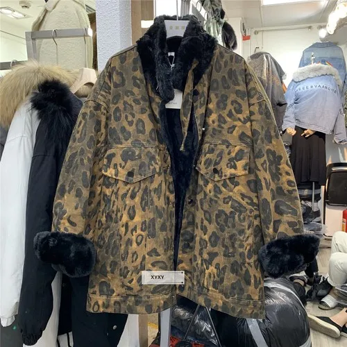 Big Leopard khaki Европейский Зимний свободный крой плюс толстый темперамент леопардовая джинсовая куртка пальто женская зимняя куртка теплое уличное пальто Nancylim - Цвет: Big Leopard khaki