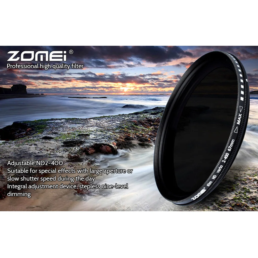 ZOMEI Камера фильтр ND2-400 набор УФ-фильтров с нейтральной плотностью изменяемый фейдер ND Регулируемый Фильтр 40,5/49/52/55/62/67/72/77/82 мм