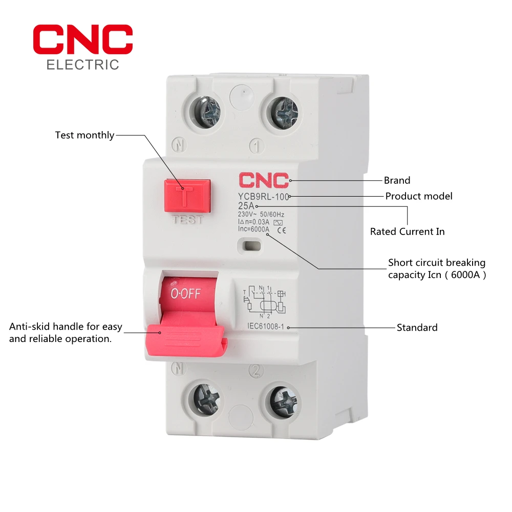 Interruptor Atual Residual Cnc Ycb9rl100 Dispositivo de Circuito Residual de Rccb 6a 10a 16a 25a 32a 40a 50a 63a 30ma 50hz 230v