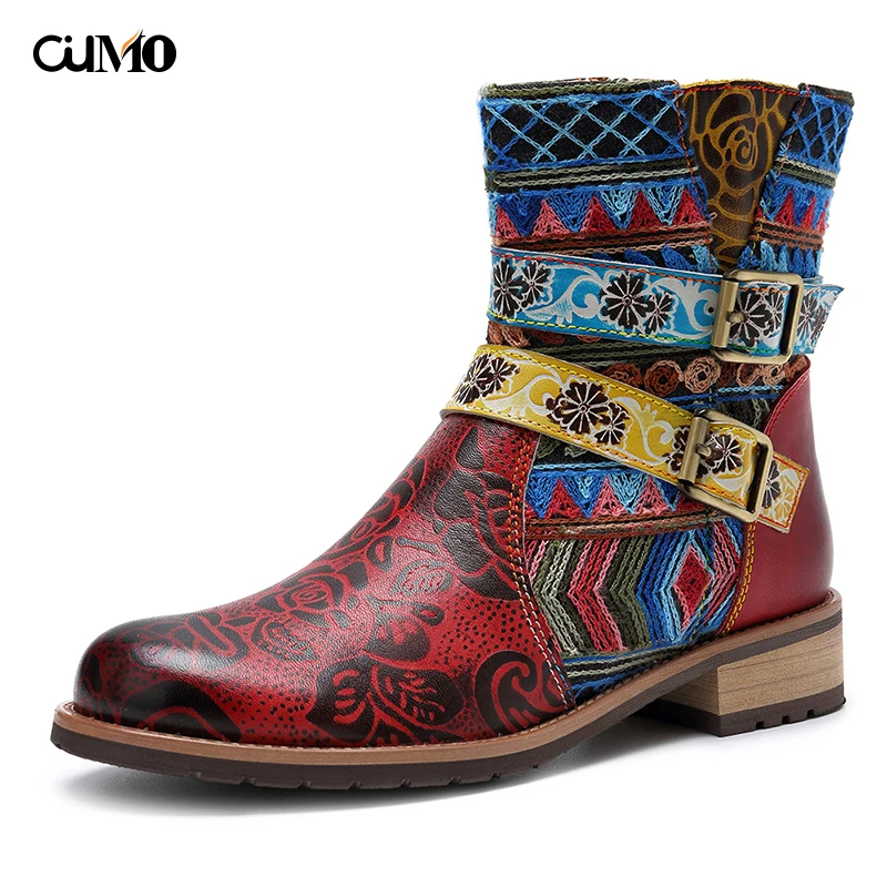 

[Ou Mo] brand Genuine Leather Women's boots Casual retro Winter boots cowhide snow boots women lace-up ankle boots Martin boots