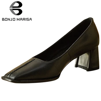 

BONJOMARISA New Fashion Female Pumps Slip On Square Toe Sewing Spring Pumps Women Retro Consise Casual Shoes Woman
