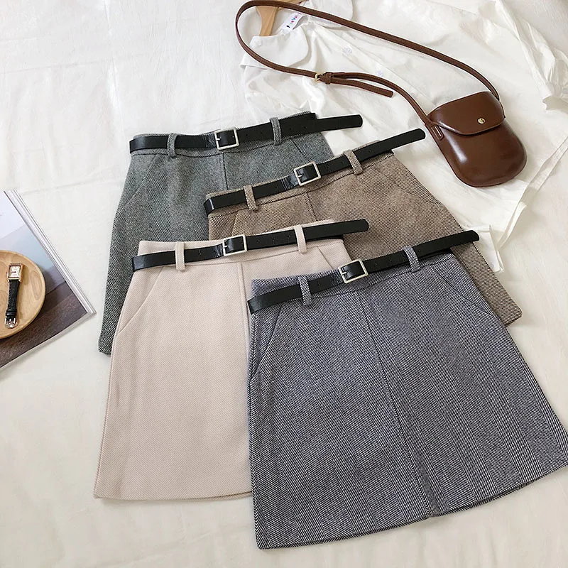 

TYHRU Female Early Autumn Irregular Diagonal Stripe Raw Edge High Waist Thin A-line Skirt with Belt