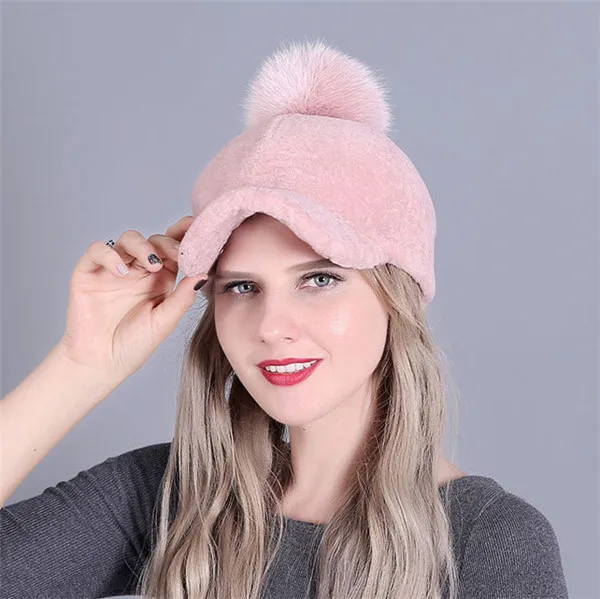 Pink Новая брендовая бейсболка s Зимняя кепка для женщин с помпоном из натурального меха Регулируемая Кепка с помпоном Повседневная Бейсболка - Цвет: Pink