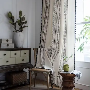 

country style curtain cotton linen printedblack tassel boho window curtain finished cloth bay window