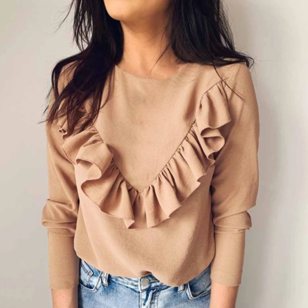 

2019 Women's Patchwork Sweet Spring New Ladies Shirts White Black Khaki Ruffle Tops OL Femme Loose O Neck Office Ladies Blusas