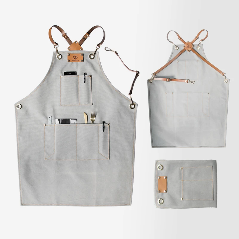 

Cotton Denim Apron Funny Cooking Work Aprons With Pockets Genuine Leather Strap For Men Women Barber Cafe Restaurant Unisex DW13