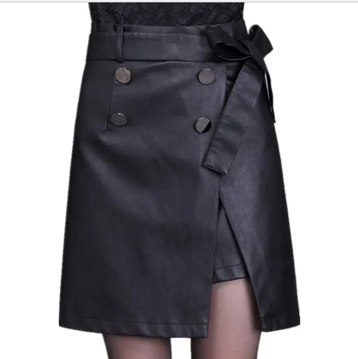 Женская черная кожаная юбка трапециевидной формы с завышенной талией и поясом, модная женская юбка с разрезом на весну и осень, облегающая мини-юбка размера плюс, Saias K1234 - Цвет: black