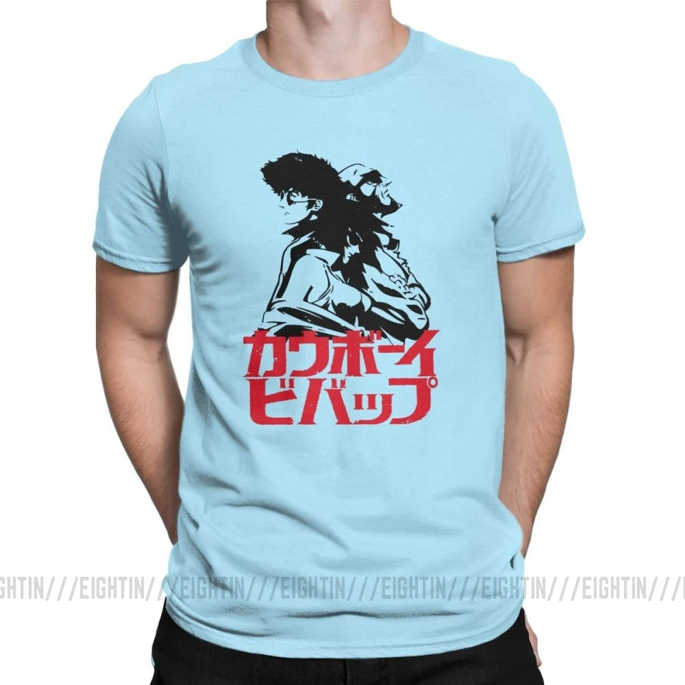 Ковбойская футболка Bebop для отдыха, Мужская хлопковая футболка, Космический аниме, Спайк, японская манга, реактивный файй, короткий рукав, футболки, подарок на день рождения, топы - Цвет: Небесно-голубой