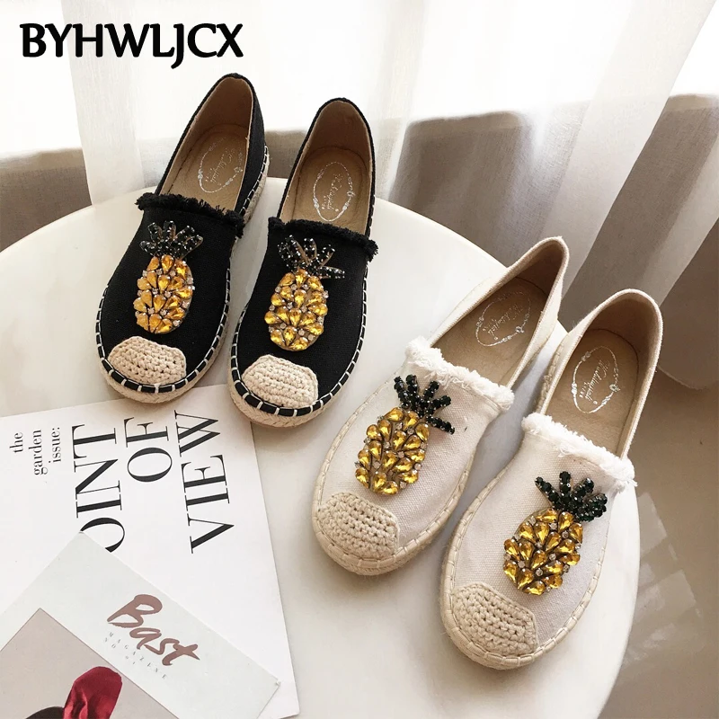 

2019 Sell hot Women's Espadrilles Flat Shoes Crystal Pineapple Canvas Shoes Straw Linen Casual Shoes Outdoor Breathable Sneakers