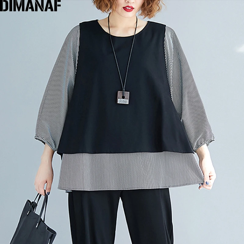  DIMANAF Plus Size Women Blouse Shirts Autumn Oversize Casual Lady Tops Tunic Batwing Sleeve Loose F