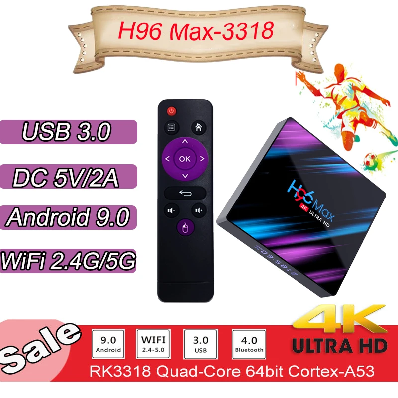 H96 Max-3318 ТВ-приставка Android 4K H.265 USB 2,0 Bluetooth 4,0 WiFi 2,4G/5G смарт-приставка 64 Гб Поддержка испанской ip tv подписка