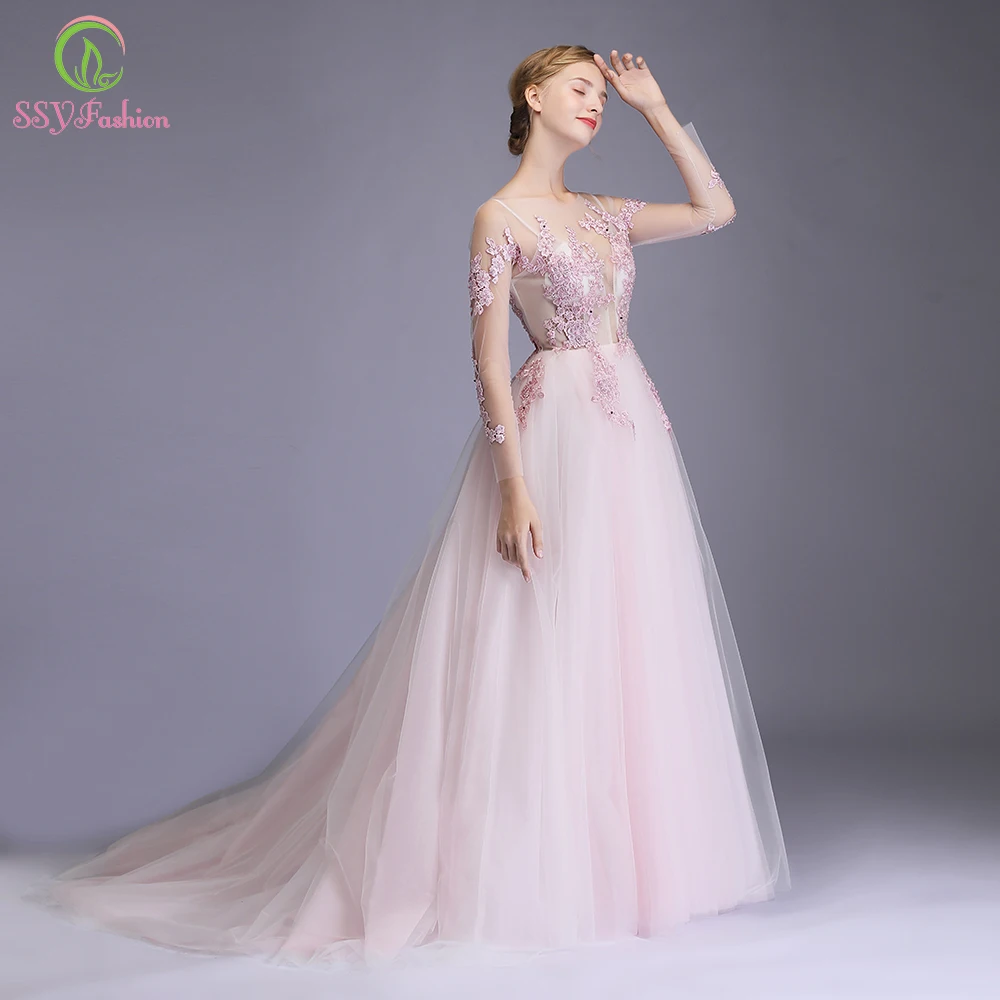 SSYFashion/Новинка года; розовое вечернее платье; романтичное милое кружевное платье с цветочным узором и длинным рукавом; вечернее платье с коротким шлейфом; платье для выпускного вечера; Robe De Soiree