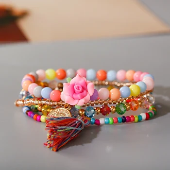 

Bohemian Tassel Multilayer Bracelet Set For Women Summer Resin Flower Shape Stone Elastic Beadeds Bracelets Bangle Gift
