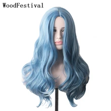 

WoodFestival Synthetic Cosplay Wig Long Blue Hair Wigs For Women Red Pink Purple Green Brown Black Colored Wavy Female