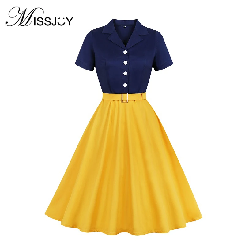 

MISSJOY Women Dress 2019 Autumn Casual A-Line Belted Patchwork Notched Neck Swing Club Button Short Sleeves Vintage Party 