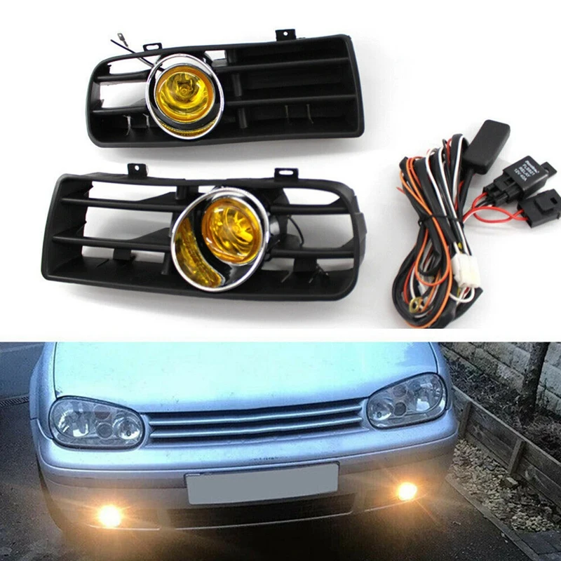 Front Bumper Grill Yellow Fog Light for Mk4 Golf 1998 2004 with LED Fog Lamp Day Running Light